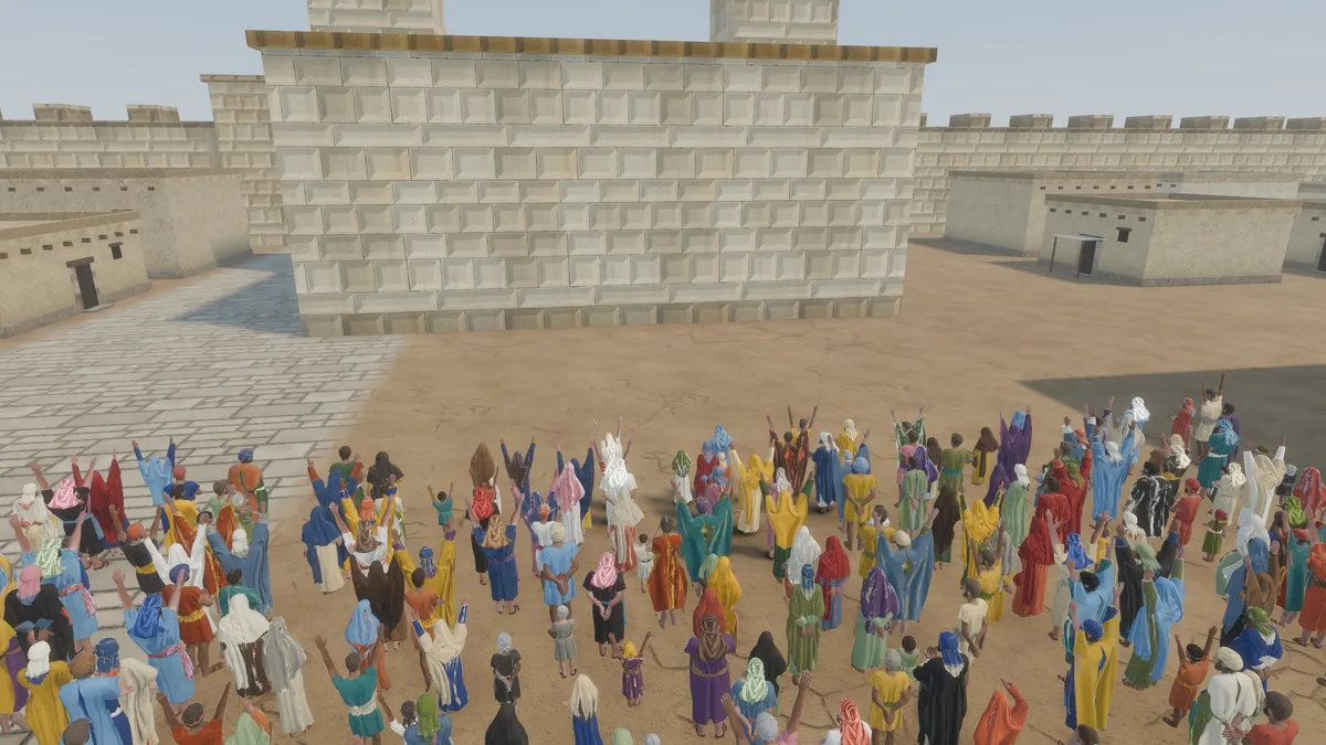 A crowd of people with raised hands in a Jerusalem courtyard