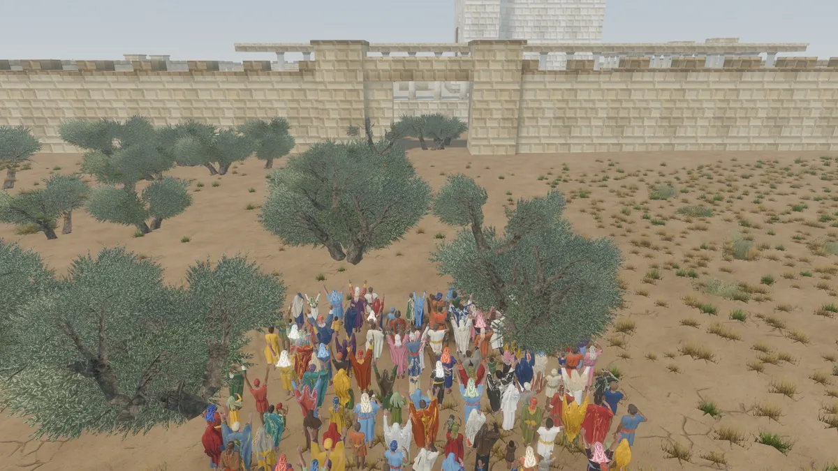 A crowd with raised hands walking toward the walls of Jerusalem through olive trees