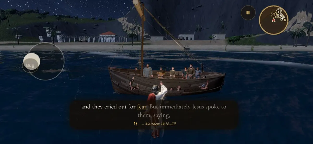 A boat at night with disciples seated inside and a man leaning partly out of the boat; Matthew 14:26-29 is on screen