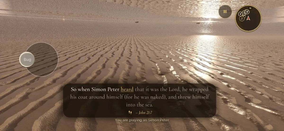 The view from beneath the sea, looking along rippled sand toward the surface, with a verse from John 21:7 on screen