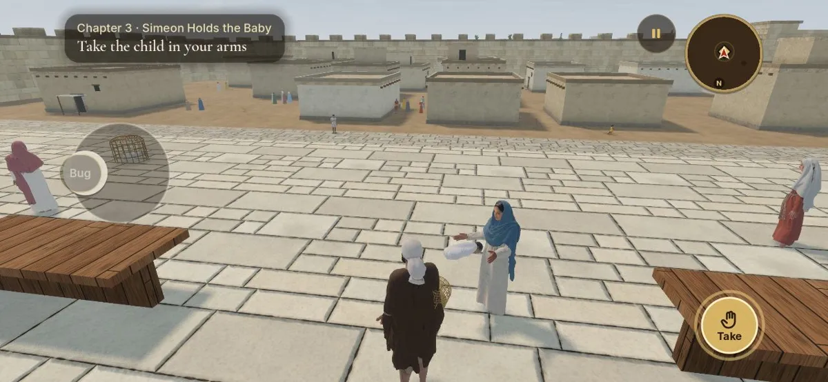 A woman in a blue head covering holds out a child, but the child appears to hover in the air, in the temple courts