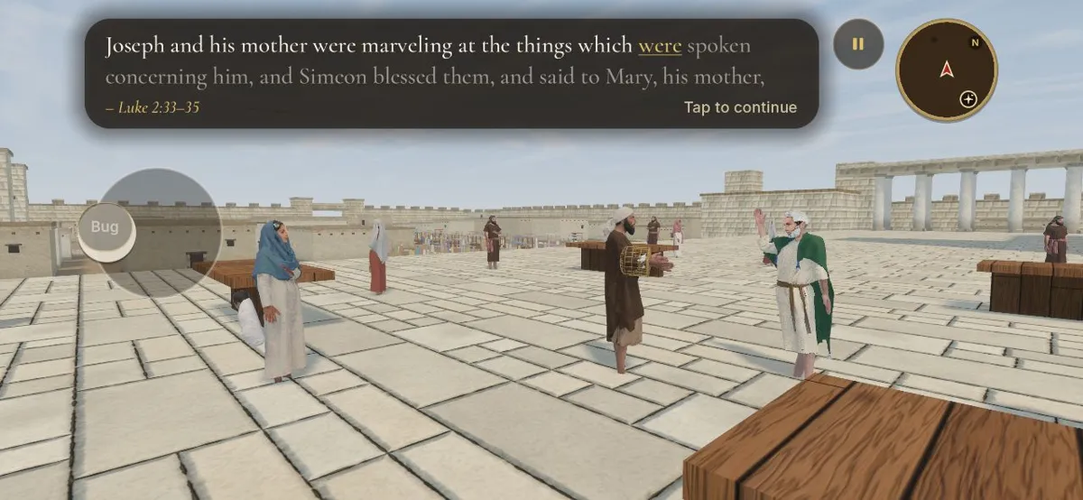 Joseph and Mary listening to Simeon in the temple courts, with Luke 2:33-35 on screen