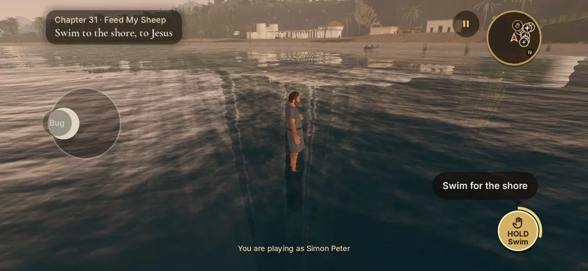 Simon Peter standing upright on the surface of the sea while a button says Hold Swim