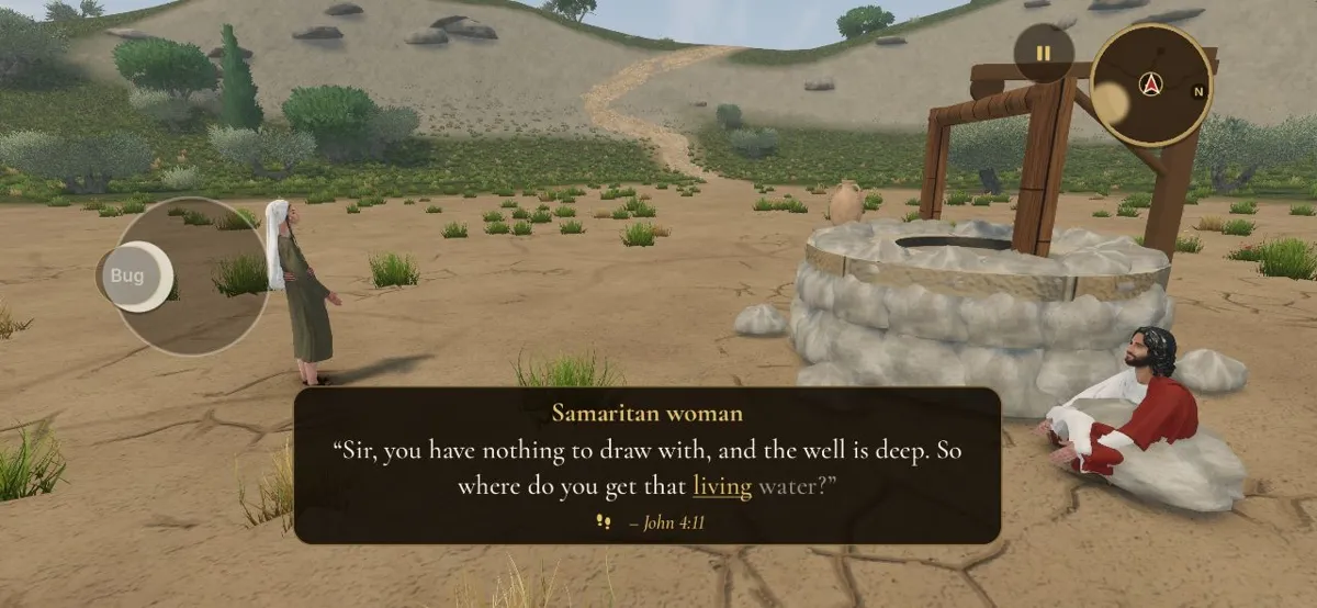 Jesus sitting awkwardly against the stones of Jacob's well while the woman of Samaria stands beside it
