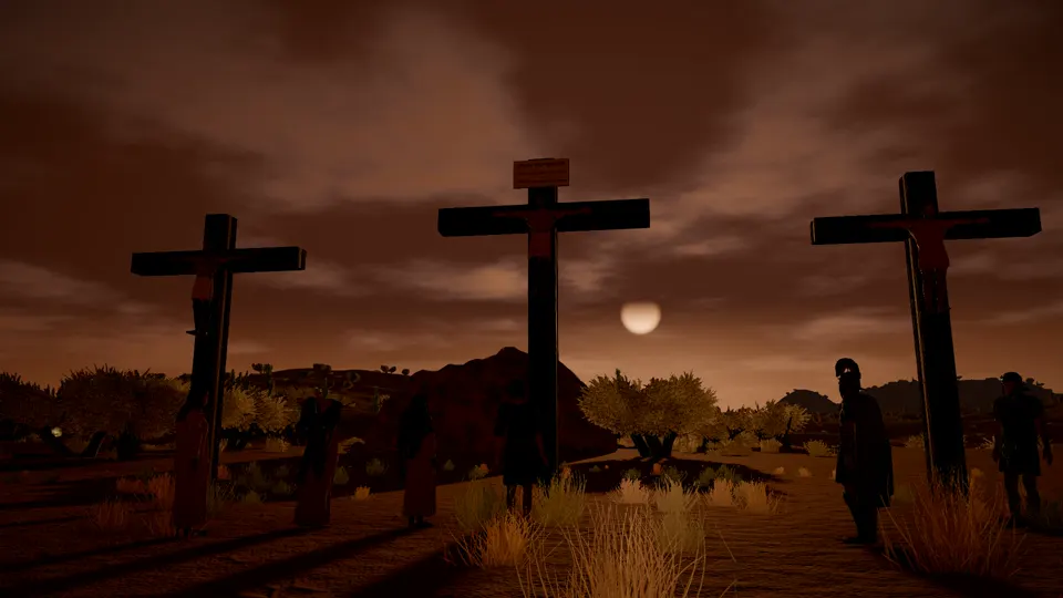 Three crosses on a hill against a darkened sky, shown in silhouette