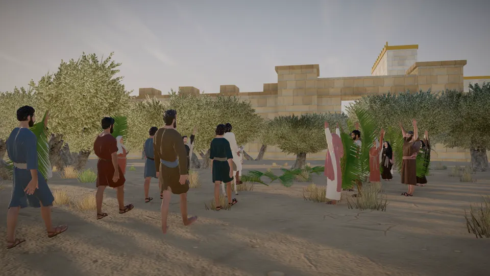 The crowd walking toward the walls of Jerusalem