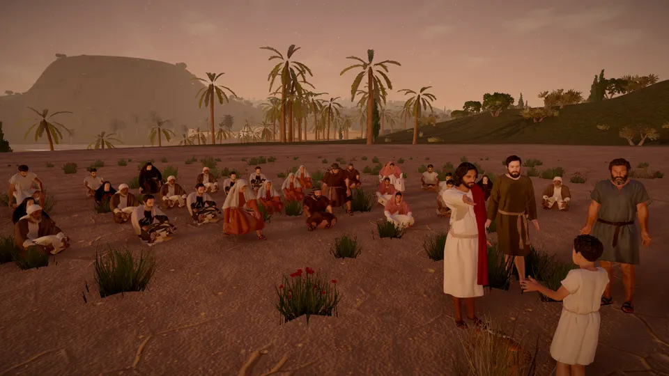 A great crowd seated on the grass as the loaves and fish are shared
