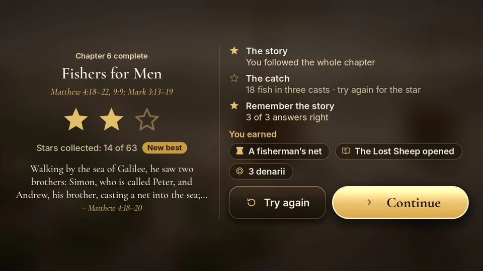 A chapter results card with stars, the quiz score and what you earned, for Fishers for Men
