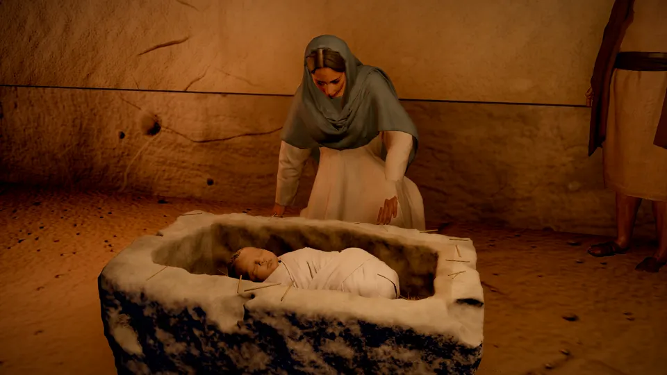 Mary beside the baby Jesus lying in a stone manger