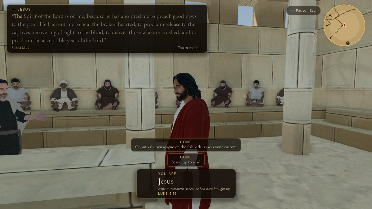 Jesus in the synagogue at Nazareth, with the words of Luke 4:18-19 shown in a box with the speaker's name and the Bible reference